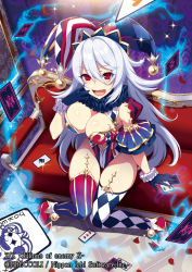 Rule 34 | 1girl, :d, asymmetrical legwear, black gloves, blush, breasts, card, cleavage, clothing cutout, fang, gloves, hat, jester cap, knees together feet apart, large breasts, leotard, long hair, looking at viewer, mismatched legwear, navel, navel cutout, official art, open mouth, puuzaki puuna, red eyes, silver hair, sitting, smile, solo, thighhighs, very long hair, z/x