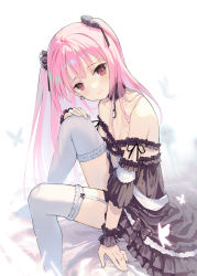 Rule 34 | 1girl, animal, bare shoulders, black dress, blush, bug, butterfly, closed mouth, commentary, dress, feet out of frame, garter straps, hand on own knee, hololive, insect, knee up, long hair, looking at viewer, looking to the side, no shoes, off-shoulder dress, off shoulder, pink hair, red eyes, ritsuki, smile, solo, thighhighs, two side up, uruha rushia, uruha rushia (3rd costume), very long hair, virtual youtuber, white background, white thighhighs, wrist cuffs
