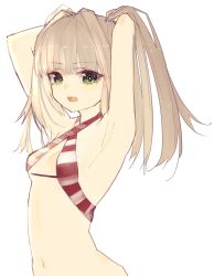 Rule 34 | 1girl, absurdres, adjusting hair, arched back, bikini, breasts, fate (series), green eyes, halterneck, highres, light brown hair, long hair, navel, nero claudius (fate), nero claudius (fate) (all), nero claudius (swimsuit caster) (fate), open mouth, original, riuichi, simple background, small breasts, solo, swimsuit, tying hair, white background