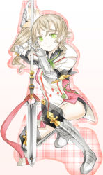 Rule 34 | 10s, 1girl, alisha diphda, armor, armored boots, belt, boots, breasts, brown hair, gauntlets, gloves, gradient background, green eyes, hair ornament, jacket, long hair, looking at viewer, on one knee, plaid, plaid background, polearm, ribbon, short shorts, shorts, side ponytail, smile, spear, tales of (series), tales of zestiria, thighhighs, weapon