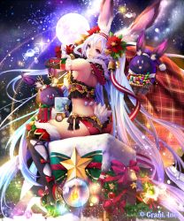 Rule 34 | 1girl, :3, :p, absurdly long hair, animal, animal costume, animal ears, antlers, argyle, ball, bare shoulders, basket, bauble, beads, bell, black thighhighs, blank eyes, blue hair, blush, bow, box, bracelet, candy, carrying over shoulder, chimney, christmas, christmas ornaments, christmas tree, clothed animal, clothing cutout, company name, fire, flower, food, frills, fur trim, gift, gift box, gloves, goggles, goggles on head, gradient hair, hair bell, hair ornament, hair ribbon, hairband, hat, high heels, holding, holly, hood, hood down, horns, jewelry, kether, leaf, long hair, looking at viewer, maple leaf, midriff, mistletoe, moon, multicolored hair, night, night sky, nightcap, official art, outdoors, panties, plaid, pom pom (clothes), purple eyes, purple hair, rabbit, rabbit ears, rabbit tail, red bow, red nose, reindeer costume, ribbon, rooftop, sack, shingoku no valhalla gate, side-tie panties, sitting, sky, smile, snow, solo, sparkle, star (sky), star (symbol), strapless, sweatdrop, sweets, tail, tail through clothes, thighhighs, tongue, tongue out, transparent, tube top, underwear, very long hair, wreath