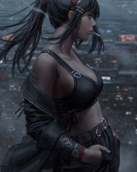 Rule 34 | 1girl, belt, belt buckle, black hair, black jacket, blue background, blurry, breasts, buckle, cigarette, crop top, depth of field, floating hair, from side, guweiz, hair ornament, hairclip, hands in pockets, highres, jacket, lips, looking to the side, medium breasts, midriff, navel, off shoulder, original, ponytail, profile, solo, tank top, watch, wristwatch