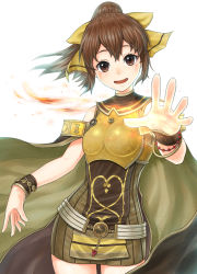 Rule 34 | 1girl, armor, bare shoulders, bow, bracelet, breastplate, brown eyes, brown hair, cape, delthea (fire emblem), fang, fire, fire emblem, fire emblem echoes: shadows of valentia, jewelry, long hair, nintendo, open mouth, ponytail, simple background, solo, soyo2106, upper body, white background