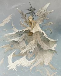 Rule 34 | 1girl, bird, blonde hair, boots, brown footwear, closed eyes, demizu posuka, demon, demon tail, dress, feathered wings, feathers, hairband, horns, long hair, multiple wings, no nose, original, smile, standing on another&#039;s head, tail, white bird, white dress, white feathers, white wings, wings