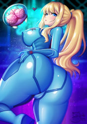 Rule 34 | 1girl, ass, ass focus, blonde hair, blush, bodysuit, breasts, covered erect nipples, cowboy shot, from behind, highres, huge ass, impossible bodysuit, impossible clothes, large breasts, long hair, metroid, metroid (creature), nintendo, ponytail, samus aran, sevie, skin tight, solo, zero suit