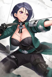 Rule 34 | 1girl, arrow (projectile), belt, black pants, blue hair, bodice, bow (weapon), breasts, choker, cleavage, drawing bow, fire emblem, fire emblem: three houses, gloves, gonzarez, green belt, green jacket, highres, holding, holding bow (weapon), holding weapon, jacket, large breasts, nintendo, open clothes, open jacket, pants, purple eyes, quiver, redrawn, shamir nevrand, short hair, simple background, smile, solo, weapon