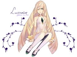 Rule 34 | 10s, 1girl, bare arms, bare shoulders, blonde hair, character name, commentary, copyright name, creatures (company), crystal, dress, full body, game freak, gem, green eyes, green gemstone, hair over one eye, llicornia, long hair, looking at viewer, lusamine (pokemon), mature female, nintendo, pantyhose, pokemon, pokemon sm, sleeveless, solo, very long hair, white dress, white pantyhose