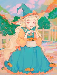 Rule 34 | 1girl, aqua dress, aqua hat, basket, blonde hair, bow, bush, cirrika, cloud, cloudy sky, colorful, day, dress, fence, food, frilled dress, frilled sleeves, frills, fruit, grass, hat, highres, holding, holding basket, long hair, multicolored eyes, open mouth, orange (fruit), orange bow, original, outdoors, purple eyes, red eyes, sitting, sky, smile, solo, teeth, tree stump, upper teeth only, very long hair, witch hat, wooden fence