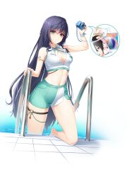 Rule 34 | 1girl, arm up, armlet, bare arms, bare legs, bare shoulders, barefoot, breast pocket, breasts, buttons, camera, cleavage, closed mouth, closers, collared shirt, criss-cross halter, crop top, eunha (closers), frown, green eyes, green shorts, halterneck, highres, holding, holding camera, long hair, looking at viewer, medium breasts, midriff, multi-strapped bikini top, multiple straps, navel, non-web source, official art, partially unbuttoned, pocket, pool ladder, purple hair, ribbon, seulbi lee, shaded face, shirt, short shorts, shorts, sleeveless, sleeveless shirt, solo, speech bubble, stomach, thigh strap, thighs, very long hair, white shirt, wrist ribbon