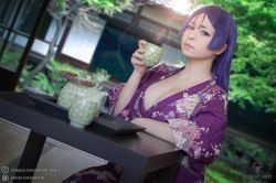 Rule 34 | 1girl, breasts, cleavage, cosplay, cosplay photo, day, fate/grand order, fate (series), female focus, highres, japanese clothes, kimono, large breasts, long hair, looking at viewer, matching hair/eyes, minamoto no raikou (fate), minamoto no raikou (fate) (cosplay), no bra, outdoors, photo (medium), purple eyes, purple hair, solo, yoshinobi cos, yukata