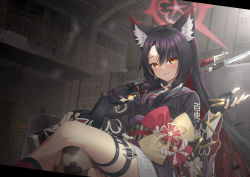 Rule 34 | 1girl, :3, animal ear fluff, animal ears, arisaka, bayonet, black hair, black nails, blue archive, blush, bolt action, bullet, commentary request, crate, drum (container), feet out of frame, fox ears, gun, halo, highres, japanese clothes, kido airaku, crossed legs, nail polish, over shoulder, rifle, solo, thigh strap, wakamo (blue archive), weapon, weapon over shoulder, yellow eyes