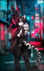 Rule 34 | 1girl, absurdres, animal ears, armor, back, bipod, black hair, blurry, blurry background, camouflage, camouflage pants, commission, feet out of frame, furry, furry female, gun, handgun, highres, holding, holding gun, holding weapon, holster, holstered, light machine gun, looking at viewer, night, original, outdoors, pants, pgm300, pistol, pouch, red eyes, short hair, solo, standing, tail, thigh holster, trigger discipline, watermark, weapon