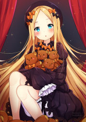 Rule 34 | 1girl, :o, abigail williams (fate), black bow, black dress, black hat, blonde hair, bloomers, blue eyes, blush, bow, bug, butterfly, commentary request, dress, fate/grand order, fate (series), hair bow, hands in opposite sleeves, hat, head tilt, highres, hugging object, insect, kaxukin, long hair, long sleeves, looking at viewer, orange bow, parted bangs, parted lips, polka dot, polka dot bow, solo, stuffed animal, stuffed toy, teddy bear, underwear, very long hair, white bloomers