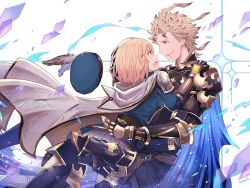 Rule 34 | 10s, 1boy, 1girl, :d, armor, artist name, aytsmith, belt, blonde hair, blue cape, blue eyes, blue hat, blue jacket, brown belt, brown gloves, brown hair, cape, commentary, crying, diffraction spikes, djeeta (granblue fantasy), eye contact, face-to-face, feathers, gauntlets, gloves, granblue fantasy, greaves, hat, hat feather, hawkeye (granblue fantasy), hetero, hug, jacket, looking at another, open mouth, pauldrons, pleated skirt, seofon (granblue fantasy), shards, short hair, shoulder armor, signature, skirt, smile, spiked hair, sweatdrop, tears, unworn hat, unworn headwear, vambraces, white background, white cape, white feathers, white skirt, yellow eyes