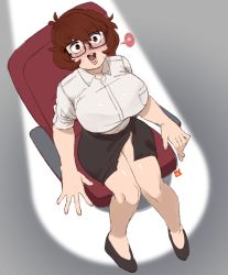 ..., 1girl, a, alternate costume, artist name, bangs, black footwear, black skirt, blush, brown eyes, chair, collared shirt, commentary, english commentary, eyebrows visible through hair, from above, highres, nose blush, office chair, office lady, open mouth, original, pencil skirt, shirt, short hair, skirt, snowcie, snowciel, solo, speech bubble, spotlight, sweat, torn clothes, torn skirt, white shirt