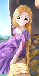 Rule 34 | 1girl, :o, absurdly long hair, absurdres, blonde hair, blush, commentary request, day, disney, dress, forehead, green eyes, highres, juliet sleeves, long hair, long sleeves, looking at viewer, looking to the side, on railing, outdoors, parted bangs, parted lips, pentagon (railgun ky1206), puffy sleeves, purple dress, railing, rapunzel (disney), sitting, solo, very long hair