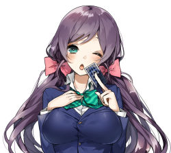 Rule 34 | 10s, 1girl, aqua eyes, blazer, blush, breasts, chestnut mouth, female focus, hair ribbon, hand on own chest, jacket, large breasts, long hair, looking at viewer, love live!, love live! school idol project, one eye closed, open mouth, purple hair, ribbon, school uniform, shironboako, solo, tarot, tojo nozomi, twintails