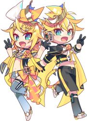 Rule 34 | 1boy, 1girl, aqua eyes, bass clef, belt, black gloves, black shorts, blonde hair, bow, cape, chibi, crop top, crown, flower, gloves, grey shorts, grey thighhighs, hair bow, half gloves, hip gear, kagamine len, kagamine rin, leg up, looking at viewer, midriff, navel, negi (ulog&#039;be), official art, open mouth, over-kneehighs, pendant choker, short ponytail, short shorts, shorts, smile, spiked hair, standing, standing on one leg, thighhighs, transparent background, treble clef, two-tone bow, v, vocaloid, white bow, yellow bow, yellow cape, yellow flower