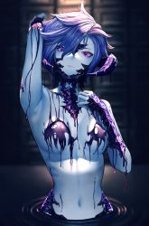 Rule 34 | 1girl, arm up, au ra, warrior of light (ff14), blue hair, blue skin, chocolate, chocolate on body, chocolate on breasts, colored skin, completely nude, covered erect nipples, dragon horns, final fantasy, final fantasy xiv, food on body, hair over one eye, hand up, highres, horns, hyuu (sing-dog), looking at viewer, naked chocolate, navel, nude, pink eyes, scales, short hair, solo, swept bangs, upper body, wading