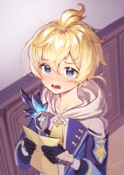Rule 34 | 1boy, absurdres, ahoge, androgynous, blonde hair, blue eyes, blue feathers, blush, earrings, feathers, genshin impact, gloves, highres, holding, holding paper, ice s s z, jewelry, long sleeves, looking at viewer, looking up, male focus, mika (genshin impact), open mouth, paper, short hair, solo