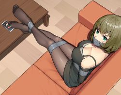 Rule 34 | 1girl, bare shoulders, bdsm, black shirt, bondage, bound, bra strap, breasts, cellphone, cleavage, commentary, couch, from above, gag, gagged, gbeeee, green eyes, green hair, idolmaster, idolmaster cinderella girls, improvised gag, indoors, large breasts, looking at viewer, looking up, no shoes, off-shoulder shirt, off shoulder, pantyhose, phone, shirt, short hair, sitting, smartphone, solo, table, takagaki kaede, tape, tape bondage, tape gag, thighs