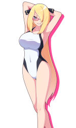 Rule 34 | 1girl, alternate breast size, alternate costume, arms behind head, bespectacled, blonde hair, breasts, bright pupils, commentary request, competition swimsuit, covered navel, creatures (company), cynthia (pokemon), game freak, glasses, grey eyes, hair ornament, hair over one eye, highres, knees, long hair, looking at viewer, madoka (user zrnk8278), nintendo, one-piece swimsuit, pink-framed eyewear, pokemon, pokemon dppt, simple background, smile, solo, swimsuit, white background, white one-piece swimsuit