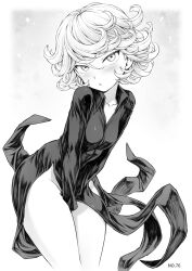 Rule 34 | 1girl, 2023, black dress, blush, breasts, covering privates, covering crotch, curly hair, dress, highres, looking at viewer, mogudan, monochrome, one-punch man, pelvic curtain, short hair, simple background, small breasts, solo, standing, tatsumaki, thighs