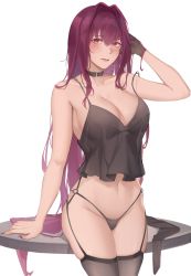 Rule 34 | 1girl, bad id, bad pixiv id, belt collar, black gloves, black panties, black thighhighs, blush, breasts, cleavage, closed mouth, collar, collarbone, commentary request, fate/grand order, fate (series), garter belt, garter straps, gloves, hair intakes, hand in own hair, hand up, highres, large breasts, leaning on object, legs together, long hair, looking at viewer, nail polish, no pants, panties, purple hair, red eyes, resolution mismatch, revision, rifu (643763873), scathach (fate), simple background, single glove, solo, source larger, standing, table, tank top, thighhighs, thighs, underwear, very long hair, white background