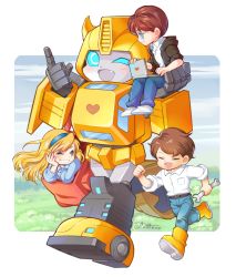 Rule 34 | 1girl, 3boys, autobot, black hoodie, blonde hair, blue eyes, blue headband, brown hair, bumblebee, carly (transformers), chibi, chip chase, computer, denim, headband, highres, holding person, hood, hoodie, jeans, lantana0 0, laptop, mecha, multiple boys, one eye closed, open mouth, pants, robot, running, shirt, smile, spike witwicky, transformers, white shirt, wrench