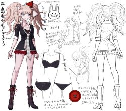 Rule 34 | 1girl, ass, blue eyes, boots, bow, breasts, character sheet, collarbone, color guide, concept art, danganronpa: trigger happy havoc, danganronpa (series), enoshima junko, fingernails, freckles, full body, hair bow, hair ornament, high heel boots, high heels, ikusaba mukuro, komatsuzaki rui, lineart, long fingernails, long hair, looking at viewer, miniskirt, necktie, official art, pleated skirt, rabbit hair ornament, school uniform, simple background, skirt, sleeves rolled up, small breasts, smile, standing, twintails