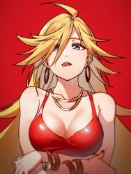 Rule 34 | 1girl, ahoge, bare shoulders, blonde hair, blue eyes, bracelet, breast hold, breasts, cleavage, dress, earrings, from below, highres, hoop earrings, jewelry, kakaobataa, large breasts, licking lips, long hair, nail polish, necklace, panty &amp; stocking with garterbelt, panty (psg), red background, red dress, red nails, simple background, solo, tongue, tongue out
