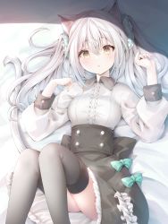 Rule 34 | 1girl, animal ears, bad id, bad pixiv id, bed sheet, black shirt, black skirt, blush, breasts, brown eyes, cat ears, cat girl, cat tail, collared shirt, feet out of frame, frilled skirt, frills, grey hair, grey thighhighs, hair between eyes, hands up, highres, knees together feet apart, knees up, long hair, long sleeves, looking at viewer, lying, medium breasts, murano, on back, original, parted lips, puffy long sleeves, puffy sleeves, shirt, skirt, solo, tail, thighhighs, twintails