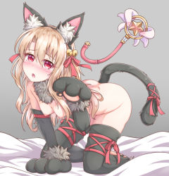 Rule 34 | 1girl, absurdres, all fours, animal ears, animal hands, bell, black gloves, black hairband, black thighhighs, blonde hair, blush, breasts, cat ears, cat tail, choker, dangeroes beast (illya), elbow gloves, fake animal ears, fate/kaleid liner prisma illya, fate (series), full body, gloves, grey background, hair between eyes, hair ribbon, hairband, highres, illyasviel von einzbern, leg ribbon, long hair, looking at viewer, magical ruby, nipples, official alternate costume, open mouth, paw gloves, pet play, pixiv fate/grand order contest 2, red eyes, red ribbon, ribbon, sheath, simple background, small breasts, solo, tail, thigh ribbon, thighhighs, zongren