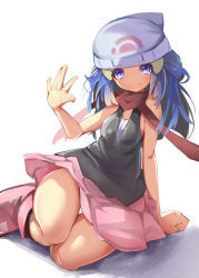 Rule 34 | 00s, 1girl, artist request, blue eyes, blue hair, blush, boots, breasts, creatures (company), dawn (pokemon), forest, game freak, hair ornament, long hair, looking at viewer, medium breasts, nature, nintendo, pokemon, pokemon dppt, scarf, shiny skin, simple background, sitting, skirt, smile, solo