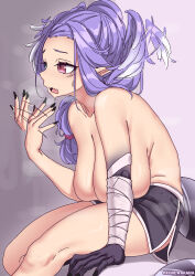Rule 34 | 1girl, afterimage, arched back, asymmetrical arms, bandaged arm, bandages, black nails, black shorts, blue eyes, breast press, breasts, breath, dolphin shorts, dragon girl, dragon tail, fanning face, fanning self, hair over shoulder, hand fan, head wings, heterochromia, highres, hot, huge breasts, kanachirou, long hair, low ponytail, nijisanji, nijisanji en, open mouth, purple eyes, purple hair, purple wings, selen tatsuki, short shorts, shorts, side slit, sitting, solo, sweat, tail, topless, virtual youtuber, wings