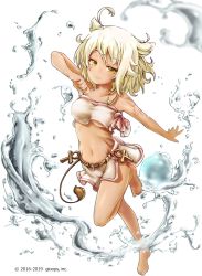 Rule 34 | 1girl, :3, ahoge, akino coto, animal ears, ankh, bandeau, barefoot, blonde hair, breasts, dark-skinned female, dark skin, egyptian, eye of horus, full body, highres, lion ears, lion tail, looking at viewer, medium breasts, navel, official art, original, short hair, solo, strapless, swept bangs, tail, tattoo, transparent background, water, watermark, white background