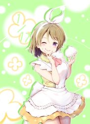 Rule 34 | 1girl, ;q, absurdres, apron, arms up, ascot, bare arms, blush, breasts, clover, contrapposto, cowboy shot, dated, drop shadow, food, food on face, four-leaf clover, green background, hair ribbon, hand on own chin, hayaoki (asagi-iro seishun-bu), highres, holding, holding food, koizumi hanayo, light brown hair, love live!, love live! school idol festival, love live! school idol project, medium breasts, one eye closed, onigiri, orange skirt, pink ascot, polka dot, polka dot skirt, purple eyes, ribbon, rice, rice on face, shirt, skirt, sleeveless, sleeveless shirt, smile, solo, standing, swept bangs, tongue, tongue out, v, yellow shirt