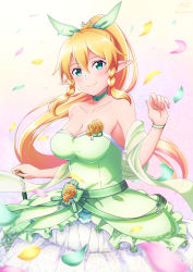Rule 34 | 1girl, absurdres, alternate costume, bare shoulders, blonde hair, blush, bow, bracelet, braid, breasts, choker, cleavage, collarbone, commentary request, dress, flower, green bow, green dress, green eyes, hair between eyes, hair ornament, hand up, highres, jewelry, ken-ji, large breasts, leafa, long hair, looking at viewer, orange flower, petals, pointy ears, ponytail, signature, smile, solo, strapless, strapless dress, striped, sword art online, twin braids, twitter username, vertical stripes, white dress