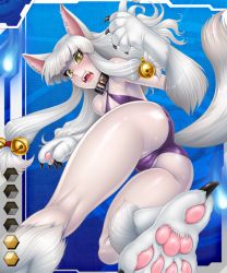 Rule 34 | 00s, 1girl, animal ears, animal hands, bell, blunt bangs, breasts, card (blue-r), card (medium), card (r), claws, collar, fangs, green eyes, hair bell, hair ornament, inugami nui, jingle bell, long hair, monster girl, official art, open mouth, pale skin, slit pupils, small breasts, tail, taimanin (series), taimanin asagi, taimanin asagi battle arena all card gallery, taimanin asagi kessen arena, white hair, zol