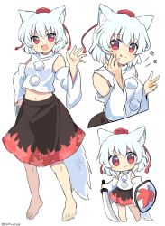 Rule 34 | 1girl, :d, animal ear fluff, animal ears, commentary, detached sleeves, fang, full body, hand on own hip, hat, highres, holding, holding shield, holding sword, holding weapon, inubashiri momiji, long sleeves, looking at viewer, multiple views, open mouth, pom pom (clothes), ramudia (lamyun), red eyes, shield, short hair, simple background, skin fang, smile, sword, tail, toenails, tokin hat, touhou, turtleneck, twitter username, weapon, white background, wide sleeves, wolf ears, wolf tail