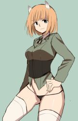 Rule 34 | 10s, 1girl, animal ears, black panties, brave witches, glastonbury1966, green background, green eyes, groin, gundula rall, hand on own hip, long sleeves, looking at viewer, lowleg, lowleg panties, orange hair, panties, short hair, simple background, smile, solo, strike witches, thighhighs, underwear, white thighhighs, wolf ears, world witches series