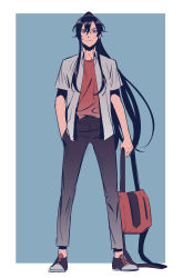 Rule 34 | 1boy, absurdres, backpack, bag, beaugi, black hair, black pants, blue background, casual, contemporary, full body, hair between eyes, hand in pocket, highres, long hair, looking at viewer, male focus, modao zushi, pants, ponytail, red shirt, shirt, shoes, short sleeves, sneakers, solo, standing, very long hair, wei wuxian, white shirt