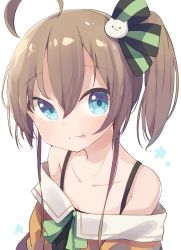 Rule 34 | 1girl, ahoge, aqua eyes, black camisole, blush, breasts, brown hair, camisole, cat hair ornament, closed mouth, collarbone, commentary, hair between eyes, hair ornament, hair ribbon, highres, hololive, jacket, looking at viewer, medium hair, natsuiro matsuri, natsuiro matsuri (1st costume), off-shoulder jacket, off shoulder, okota mikan, open clothes, open jacket, orange jacket, ribbon, side ponytail, simple background, small breasts, smile, solo, star (symbol), tongue, tongue out, upper body, virtual youtuber, white background