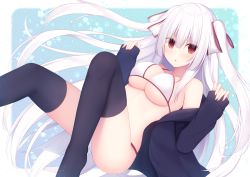 Rule 34 | 1girl, bare shoulders, bikini, black jacket, black thighhighs, breasts, cleavage, commentary request, firepo, floating hair, fujiwara no mokou, hair between eyes, hair ribbon, halterneck, halterneck, jacket, large breasts, long hair, long sleeves, looking at viewer, no shoes, off shoulder, open clothes, open jacket, parted lips, red eyes, ribbon, solo, swimsuit, thighhighs, thighs, touhou, two side up, v-shaped eyebrows, very long hair, white bikini, white hair