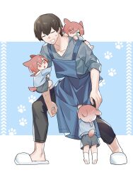 Rule 34 | 4boys, :o, = =, adventurer (ff14), alternate costume, animal ears, apron, arm hug, beard stubble, black pants, blue apron, blue background, blue shirt, brown hair, carrying, carrying person, cat boy, cat ears, cat tail, chibi, clinging, closed eyes, clothes grab, collarbone, facial hair, facing viewer, final fantasy, final fantasy xiv, full body, g&#039;raha tia, gradient hair, green eyes, grey shirt, grey shorts, hair ornament, heterochromia, highres, hyur, kneehighs, leaning back, legs apart, low ponytail, male focus, mini person, miniboy, miqo&#039;te, multicolored hair, multiple boys, multiple persona, nervous smile, pants, paw print, paw print background, piggyback, red eyes, red hair, scratches, shirt, short hair, short ponytail, shorts, simple background, size difference, slippers, smile, socks, standing, stubble, sweatdrop, tail, tiptoes, triangle mouth, warrior of light (ff14), white background, white footwear, white socks, x hair ornament, zhongffuse