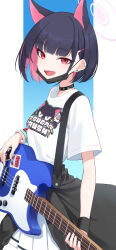 Rule 34 | 1girl, animal ears, black choker, black hair, black jacket, black mask, blue archive, blush, breasts, cat ears, choker, clothes around waist, colored inner hair, daifuku (tkja3555), electric guitar, extra ears, guitar, hair ornament, hairclip, halo, highres, holding, holding instrument, instrument, jacket, jacket around waist, kazusa (band) (blue archive), kazusa (blue archive), looking at viewer, mask, mask pull, medium breasts, mouth mask, multicolored hair, official alternate costume, open mouth, pink hair, pink halo, pleated skirt, red eyes, shirt, short hair, short sleeves, skirt, smile, solo, white shirt, white skirt