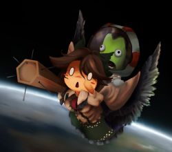 Rule 34 | 1boy, 1girl, arm cannon, astronaut, bird wings, black hair, black wings, blouse, blush stickers, bow, brown hair, cape, chibi, collared shirt, colored skin, commentary request, control rod, cookie (touhou), crossover, earth (planet), eyes visible through hair, flying, frilled skirt, frills, full body, gloves, green bow, green skin, green skirt, hair bow, highres, kerbal space program, long hair, nadeko (cookie), no hands, open mouth, planet, puffy short sleeves, puffy sleeves, reiuji utsuho, riding, sasagasaka, shirt, short sleeves, skirt, solid circle eyes, space, third eye, touhou, triangle mouth, weapon, white cape, white gloves, white shirt, wings