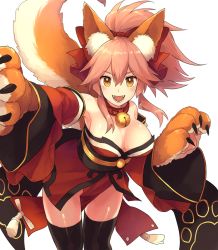 Rule 34 | 1girl, animal ears, animal hands, bad id, bad pixiv id, bell, breasts, chorefuji, cleavage, collar, fangs, fate/grand order, fate (series), fox ears, fox tail, hair ribbon, large breasts, long hair, looking at viewer, neck bell, open mouth, pink hair, ribbon, simple background, solo, tail, tamamo (fate), tamamo cat (fate), tamamo cat (first ascension) (fate), tamamo no mae (fate/extra), white background, yellow eyes