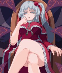 Rule 34 | 1girl, capelet, chair, commentary, crossed legs, demon wings, dress, english commentary, full body, grey eyes, grey hair, hair bobbles, hair ornament, long hair, long sleeves, looking at viewer, nukekip, one side up, open mouth, pixel art, red capelet, red dress, shinki (touhou), sitting, solo, touhou, touhou (pc-98), wings