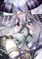 Rule 34 | 1girl, absurdres, blush, braid, braided bangs, demon horns, dress, earpiece, fang, gloves, grey hair, highres, hololive, hololive idol uniform, horns, inumata ichini, la+ darknesss, layered dress, long hair, looking at viewer, multicolored hair, official alternate costume, one eye closed, open mouth, pointy ears, purple hair, sidelocks, single braid, skin fang, smile, solo, streaked hair, very long hair, vest, virtual youtuber, white dress, white gloves, white vest, yellow eyes